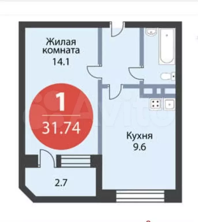 1-к. квартира, 31,7м, 5/9эт. - Фото 0