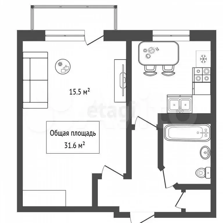 1-к. квартира, 31,6 м, 5/5 эт. - Фото 0