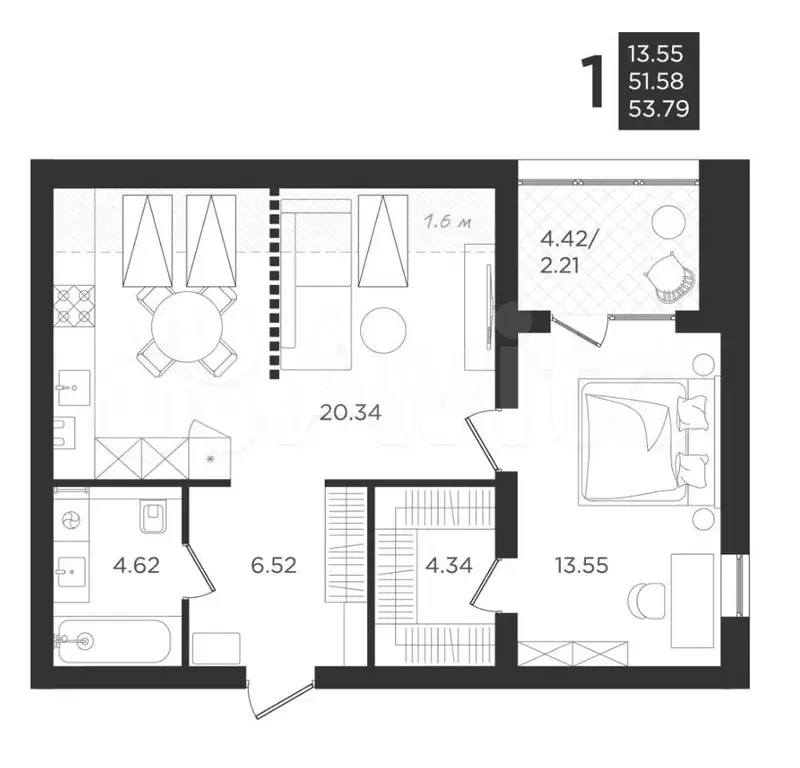 2-к. квартира, 51,6 м, 4/4 эт. - Фото 1