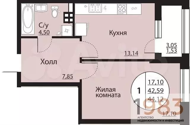 1-к. квартира, 44,1 м, 5/24 эт. - Фото 0