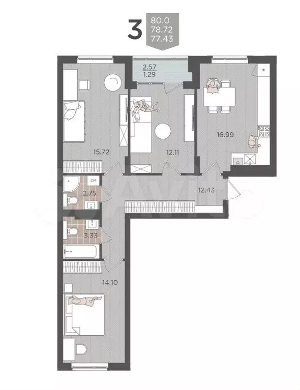 3-к. квартира, 78,7 м, 3/9 эт. - Фото 1