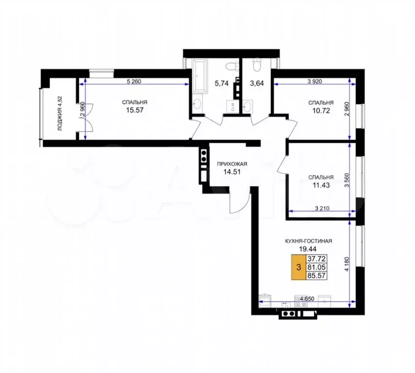 3-к. квартира, 86м, 2/7эт. - Фото 1