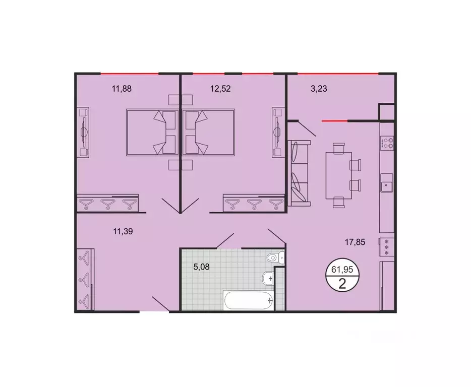 2-к кв. Ставропольский край, Ставрополь № 15 мкр,  (61.95 м) - Фото 1