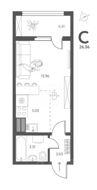 Студия Липецкая область, Липецк ул. Перова (26.56 м) - Фото 1