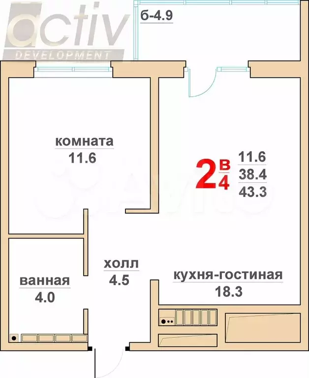 2-к. квартира, 43,3 м, 2/16 эт. - Фото 1