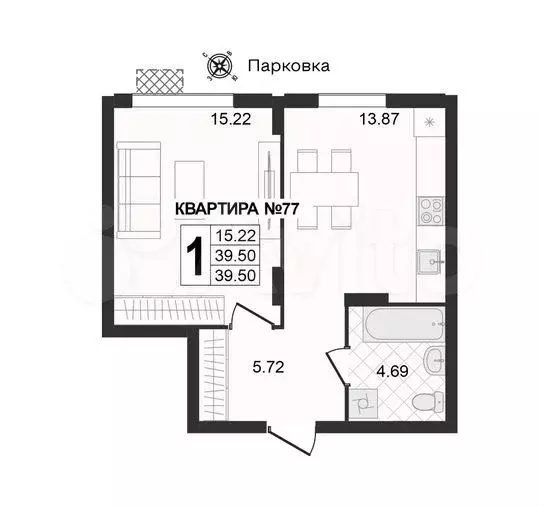 1-к. квартира, 39,5 м, 2/8 эт. - Фото 1