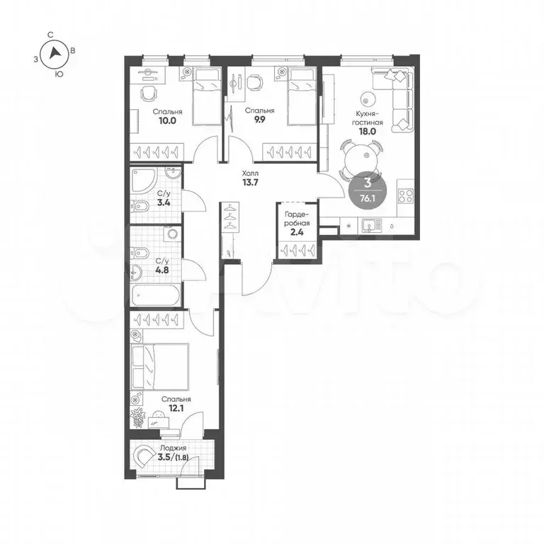 3-к. квартира, 76,1 м, 2/9 эт. - Фото 1