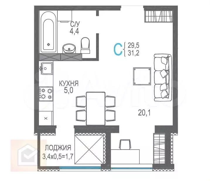 Квартира-студия, 32,9 м, 6/9 эт. - Фото 0