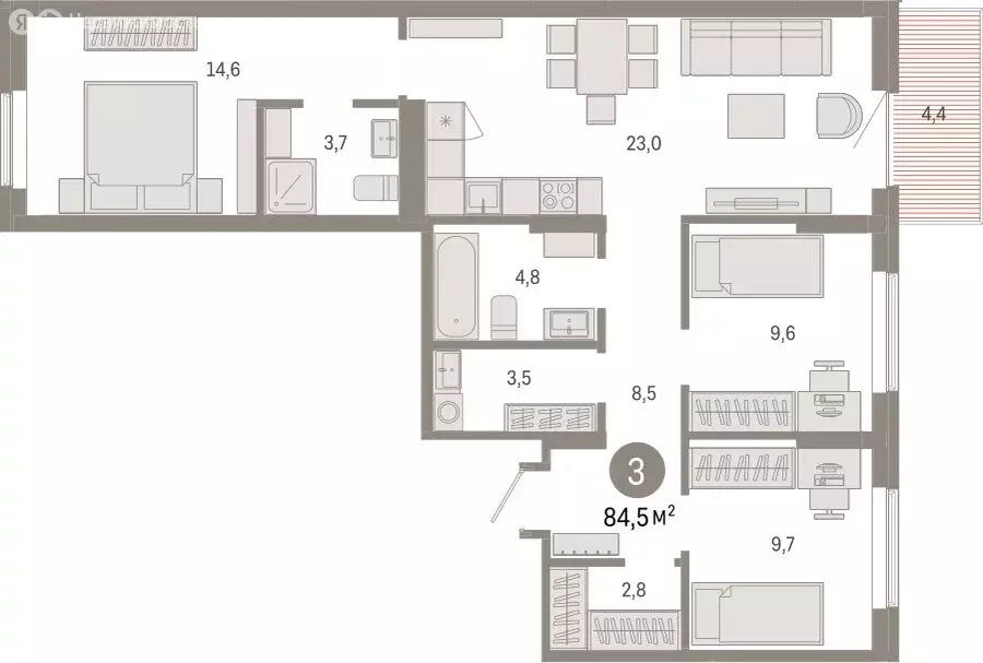 3-комнатная квартира: Омск, Кировский округ (84.53 м) - Фото 1