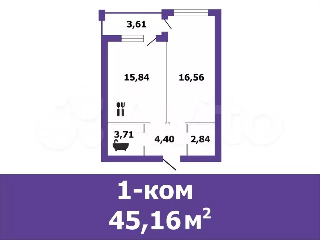 1-к. квартира, 45,2 м, 4/4 эт. - Фото 0