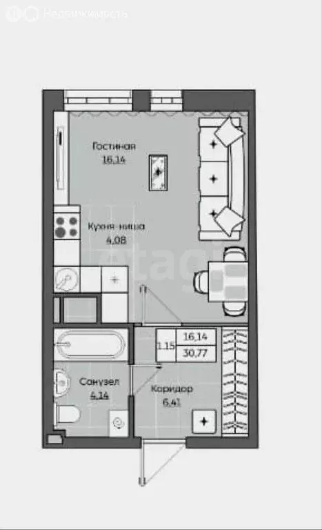 Квартира-студия: Казань, улица Рауиса Гареева, 103А (30.77 м) - Фото 1