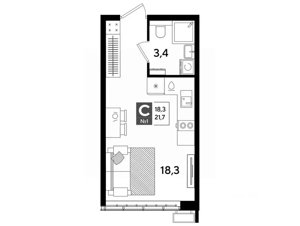 Студия Краснодарский край, Краснодар ул. Анны Ахматовой, 6/1 (21.7 м) - Фото 1