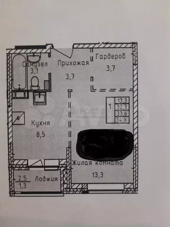 1-к. квартира, 32,3 м, 5/6 эт. - Фото 0
