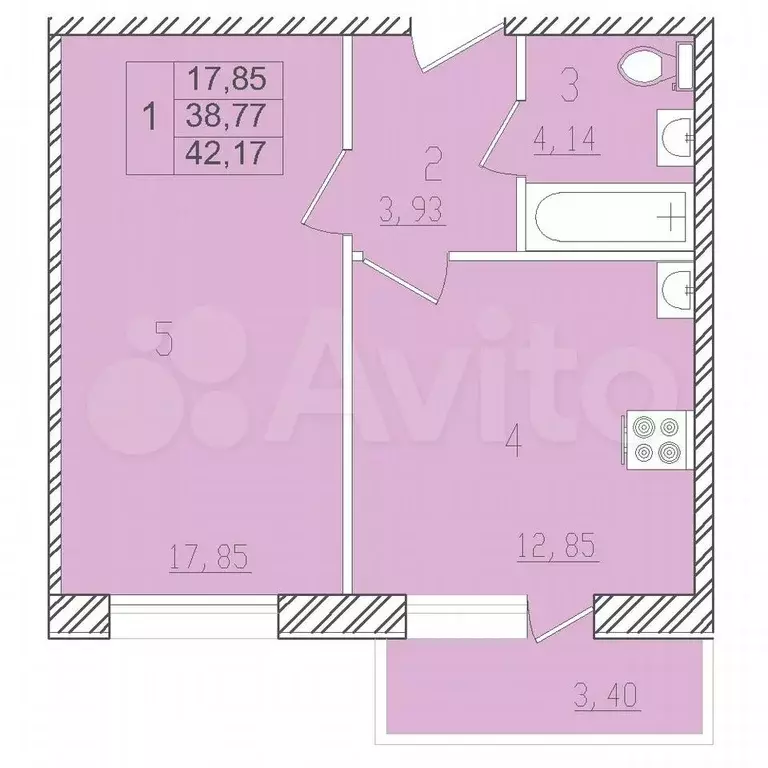 1-к. квартира, 39,8 м, 3/3 эт. - Фото 0