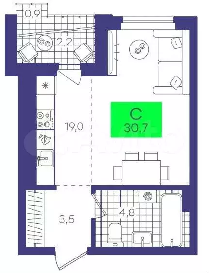 Квартира-студия, 30,7 м, 6/11 эт. - Фото 1