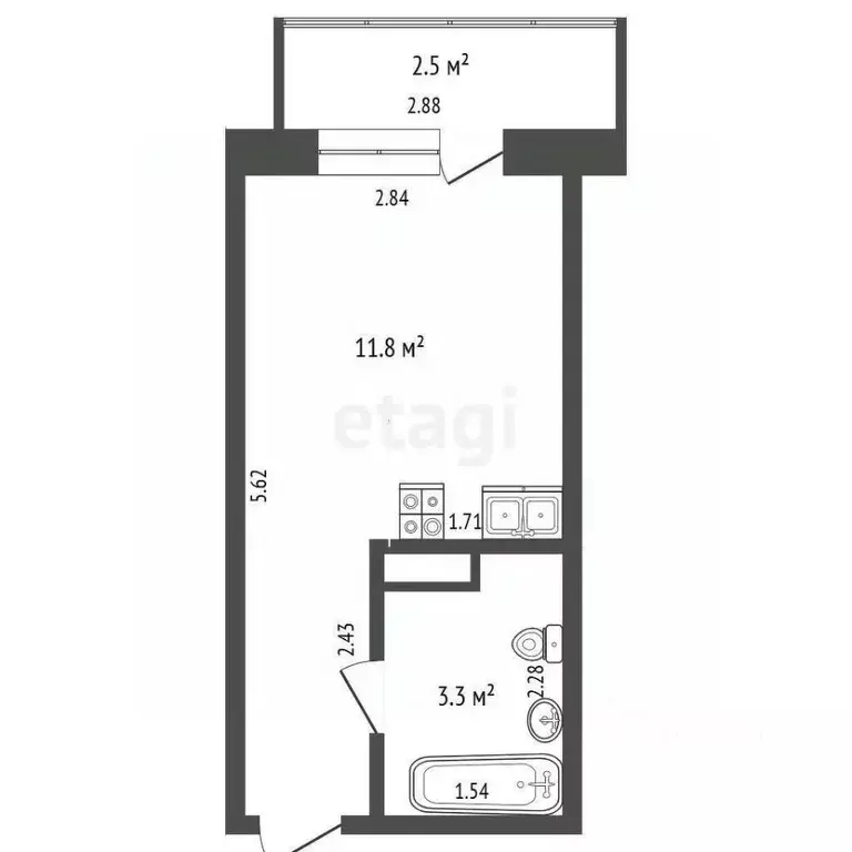Студия Тюменская область, Тюмень ул. Новоселов, 107к2 (17.87 м) - Фото 2