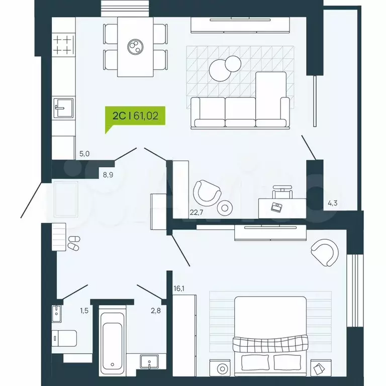 Квартира-студия, 61 м, 14/17 эт. - Фото 0