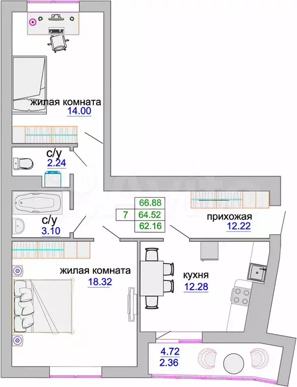 2-к. квартира, 65,5 м, 3/9 эт. - Фото 1