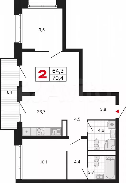 2-к. квартира, 70,4 м, 7/29 эт. - Фото 1