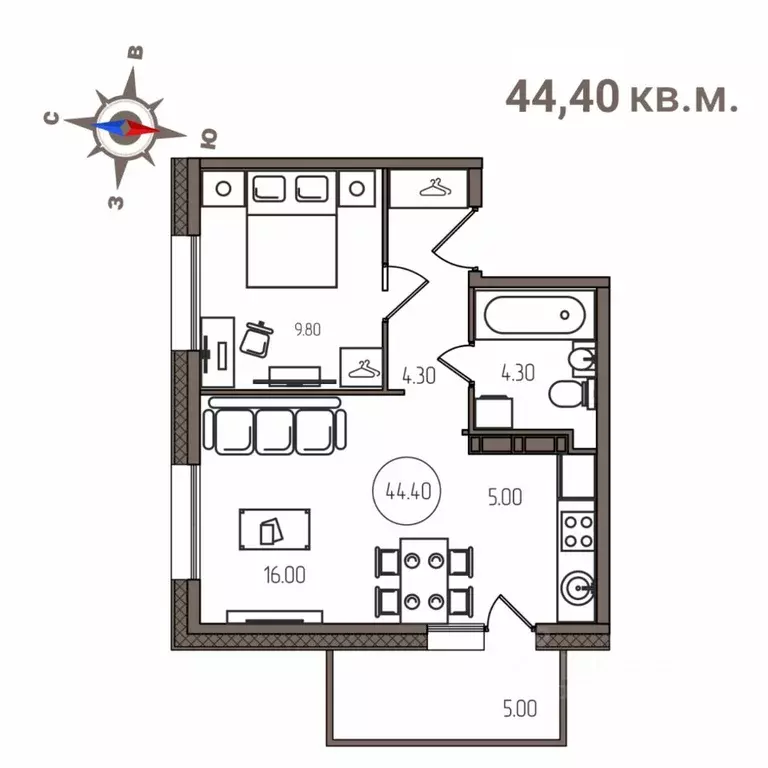 2-к кв. Карелия, Петрозаводск Мичуринская ул., 34 (44.4 м) - Фото 0