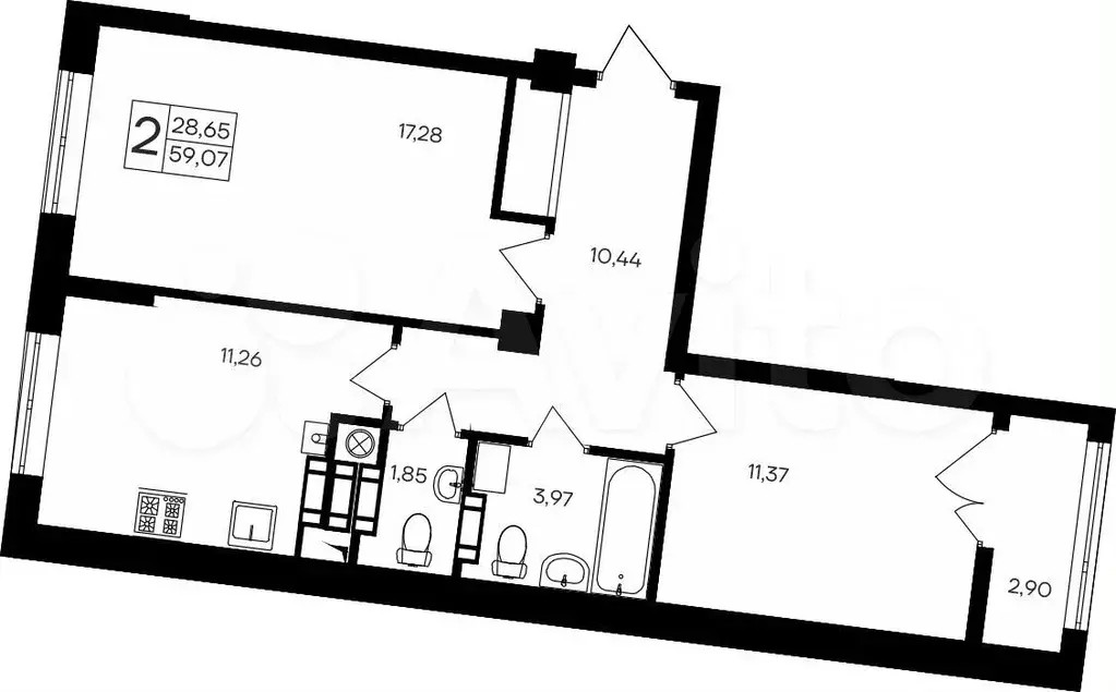 2-к. квартира, 59,1 м, 6/9 эт. - Фото 1