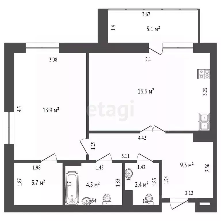 2-к кв. Тюменская область, Тюмень Профсоюзная ул., 55 (50.4 м) - Фото 1