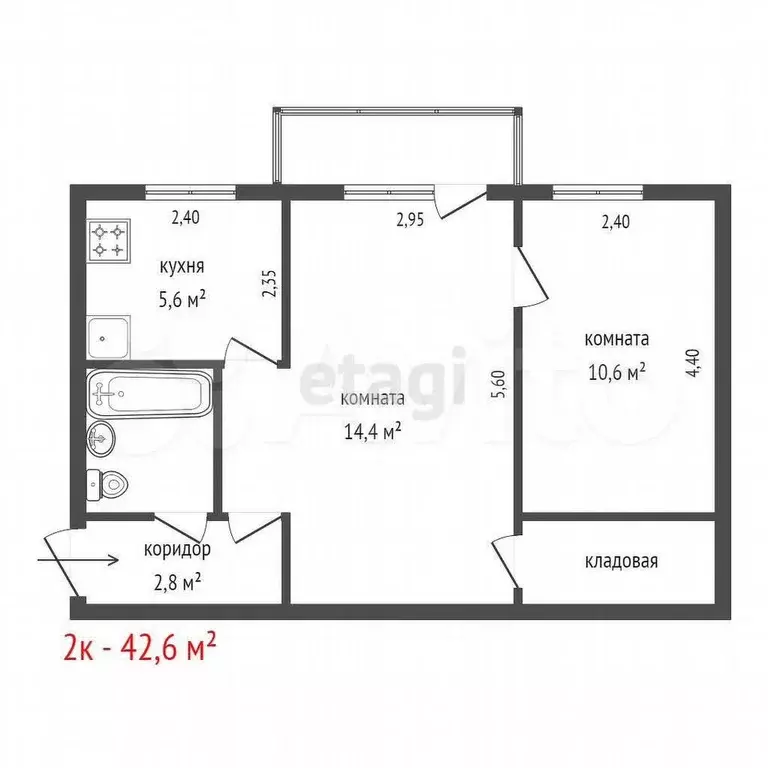 2-к. квартира, 42,6 м, 2/3 эт. - Фото 0