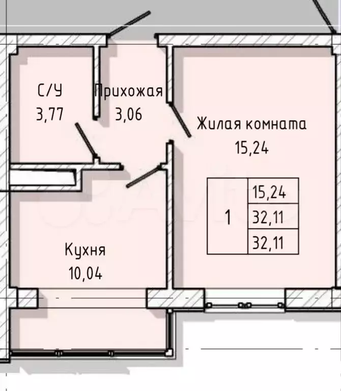 1-к. квартира, 32,1 м, 9/10 эт. - Фото 0