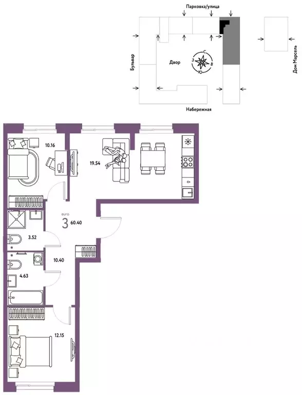 3-к кв. Тюменская область, Тюмень Береговая ул., 100к2 (60.4 м) - Фото 1