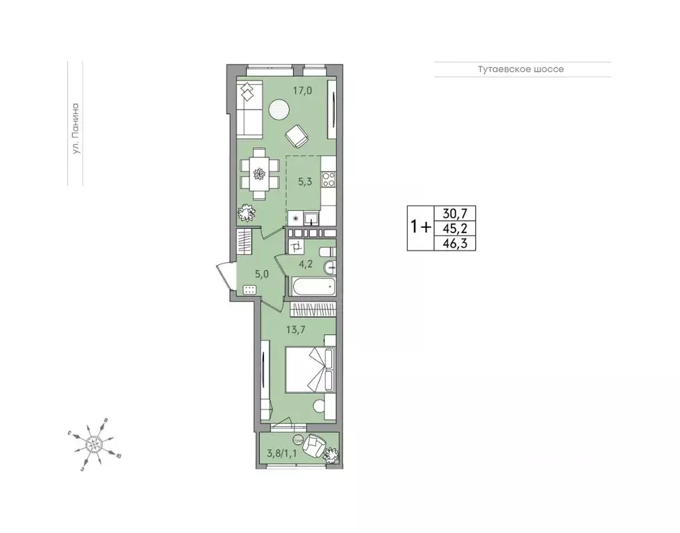 2-к кв. Ярославская область, Ярославль Тутаевское ш., 93Б (46.3 м) - Фото 1
