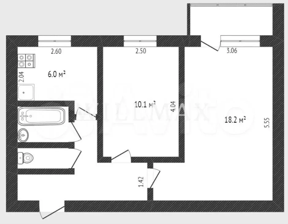 2-к. квартира, 44,3 м, 7/9 эт. - Фото 0