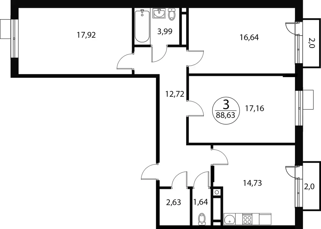 3-к квартира, 88.63 м - Фото 0