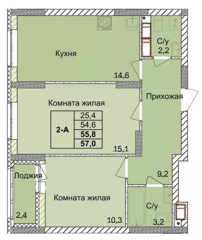 2-к квартира, 55.8 м - Фото 0