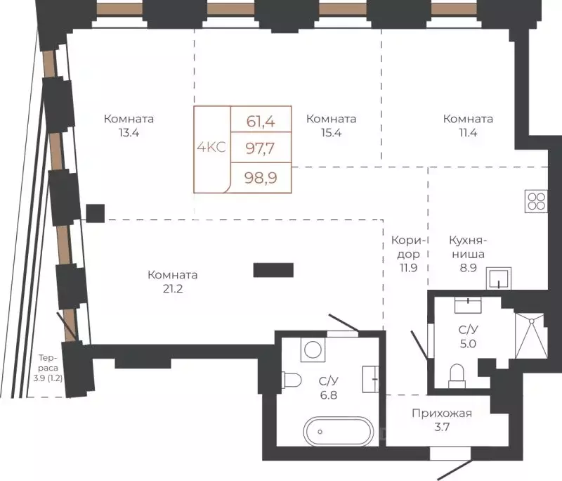 4-к кв. Алтайский край, Барнаул пл. Баварина, 8к1 (97.6 м) - Фото 1