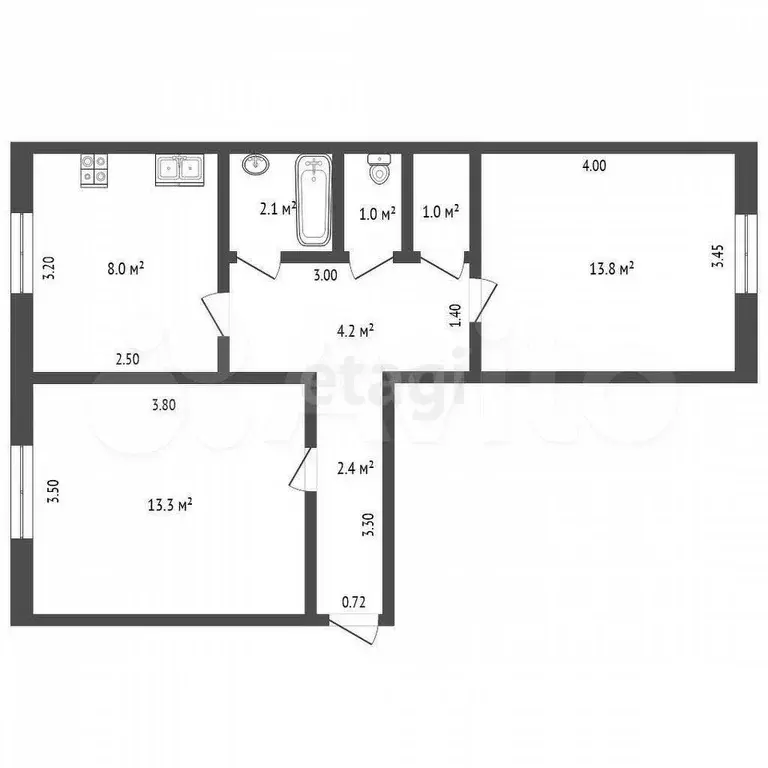 2-к. квартира, 45,8 м, 2/2 эт. - Фото 0