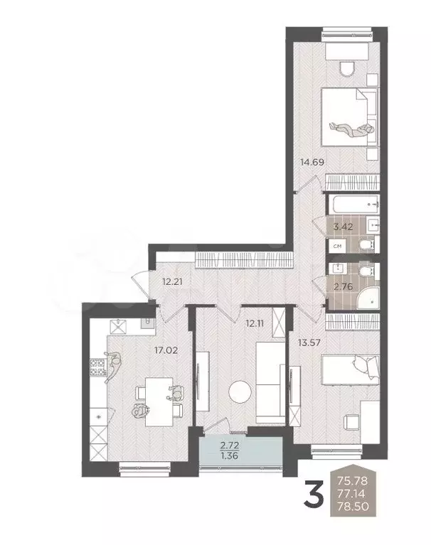 3-к. квартира, 77,1 м, 9/9 эт. - Фото 1
