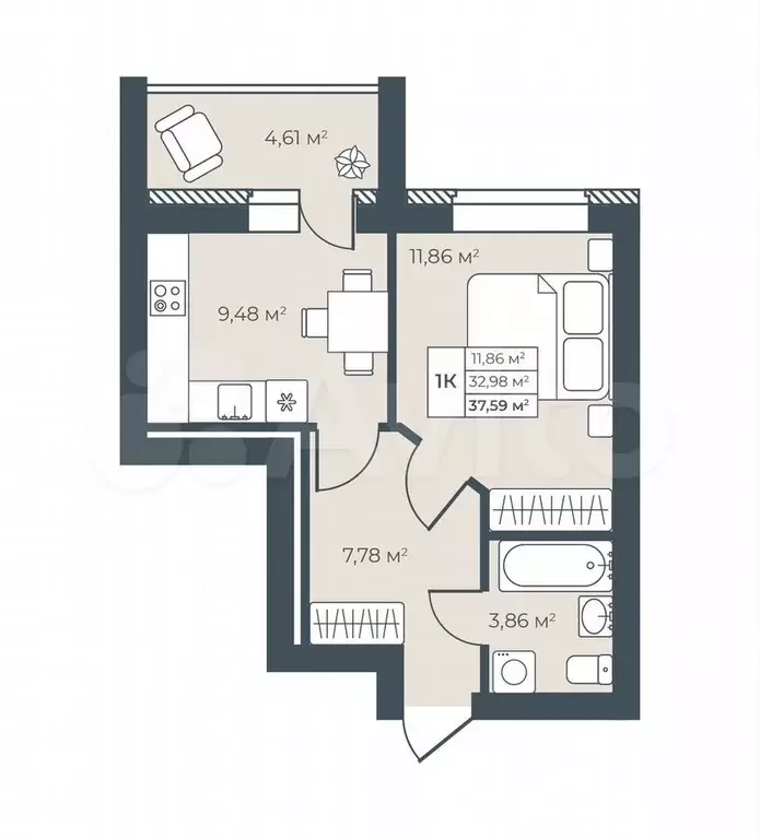 1-к. квартира, 37,6 м, 6/8 эт. - Фото 0