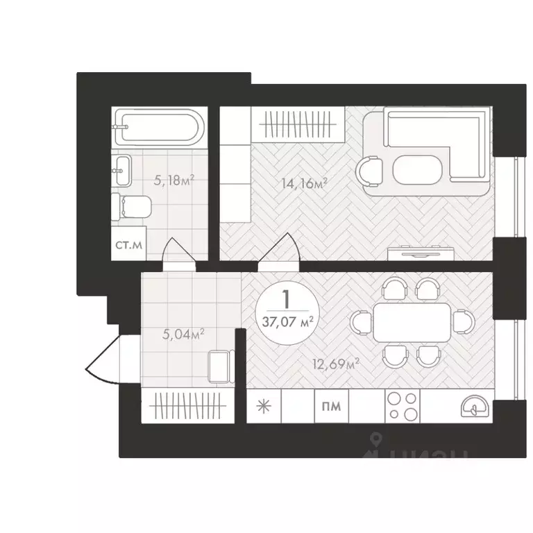 1-к кв. Башкортостан, Уфа Южный-2 мкр,  (37.07 м) - Фото 1