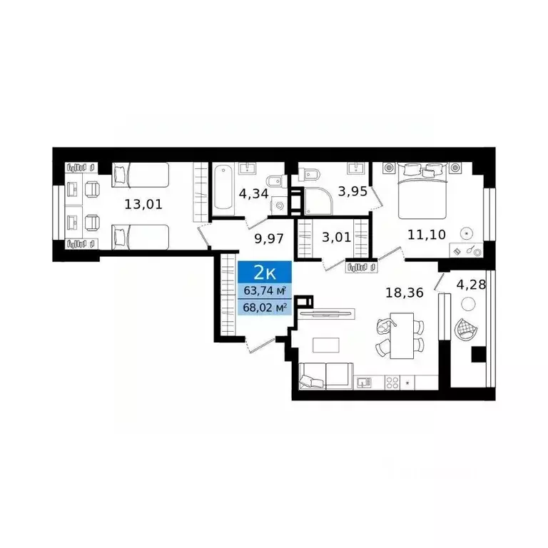 2-к кв. Курганская область, Курган просп. Конституции (68.02 м) - Фото 2