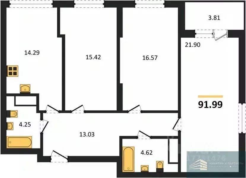3-к кв. Воронежская область, Воронеж ул. Ломоносова, 116Б (92.0 м) - Фото 0