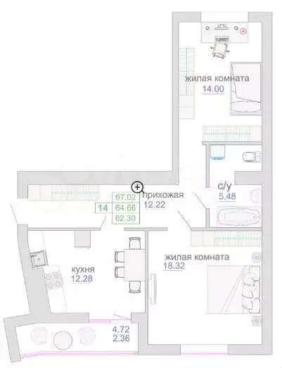 2-к. квартира, 65,4 м, 4/9 эт. - Фото 1