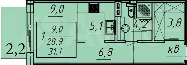 1-к. квартира, 31,1 м, 6/8 эт. - Фото 1