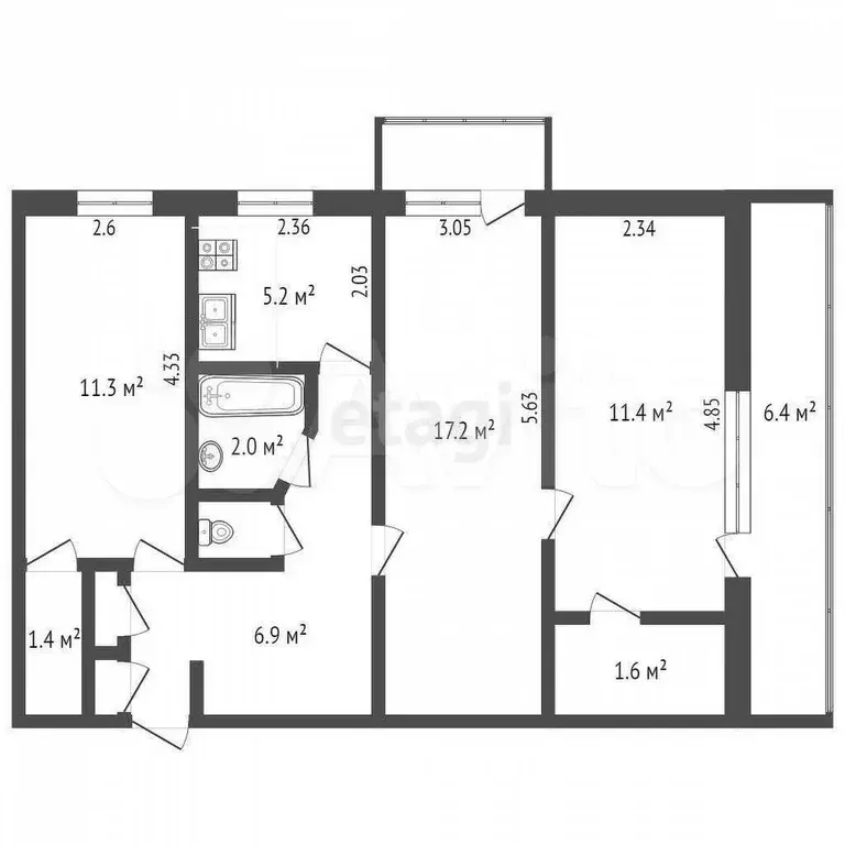 3-к. квартира, 58,4 м, 1/5 эт. - Фото 0