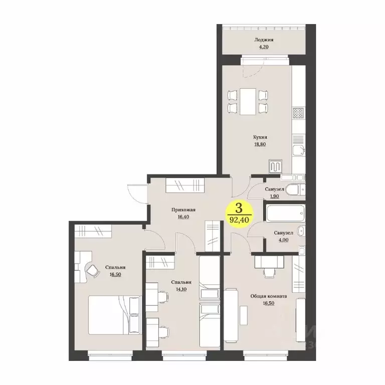 3-к кв. Ставропольский край, Ставрополь Лесная ул., 194 (95.2 м) - Фото 1