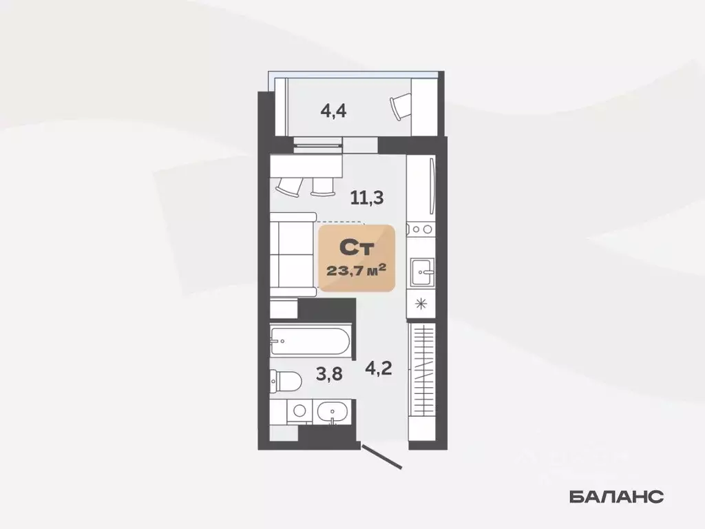 Студия Тюменская область, Тюмень ул. Республики, 204к20 (21.5 м) - Фото 0