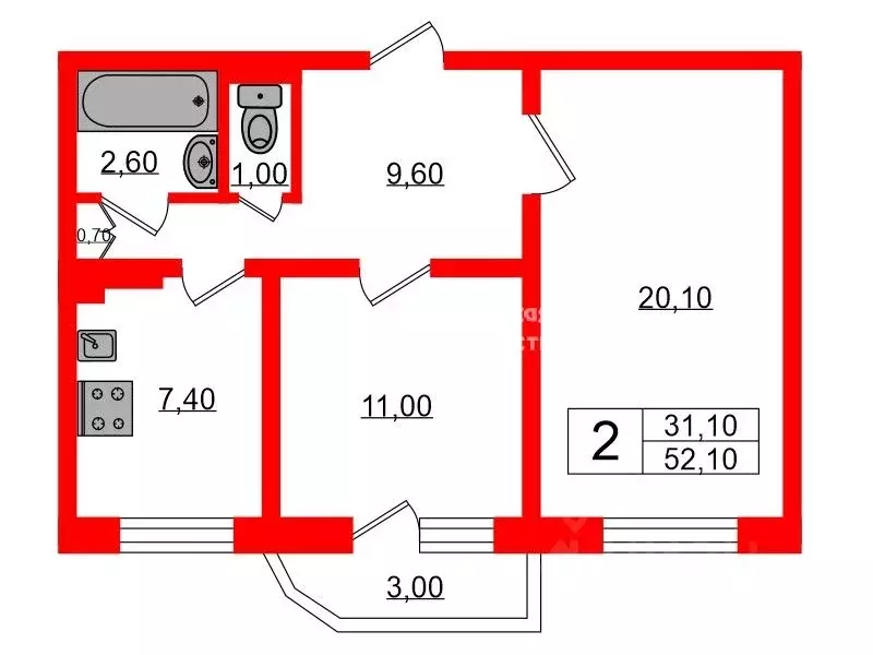 2-к кв. Санкт-Петербург просп. Королева, 44К1 (52.1 м) - Фото 1