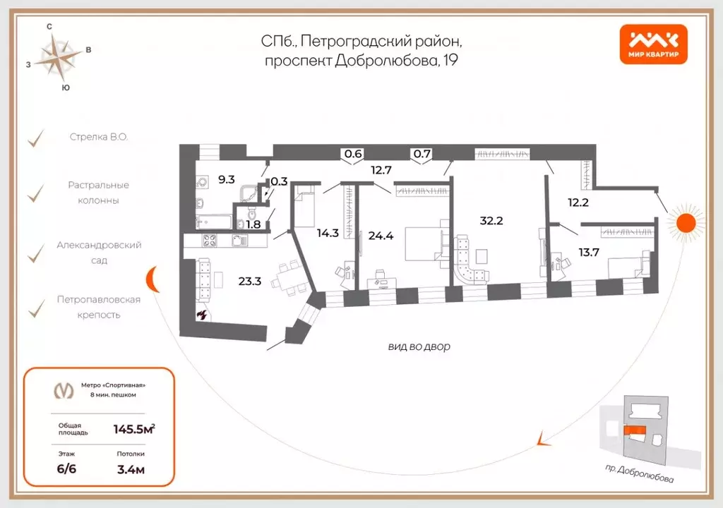 4-к кв. Санкт-Петербург просп. Добролюбова, 19 (145.5 м) - Фото 2