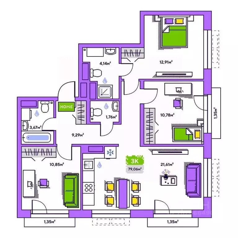 3-к кв. Тюменская область, Тюмень Полевая ул., 93к1 (79.06 м) - Фото 1