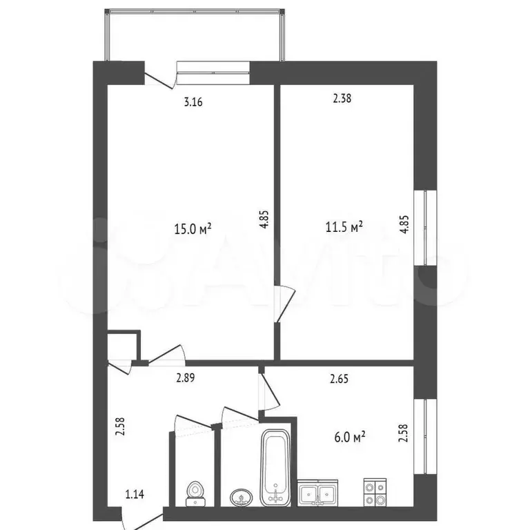 2-к. квартира, 39,5 м, 4/5 эт. - Фото 0