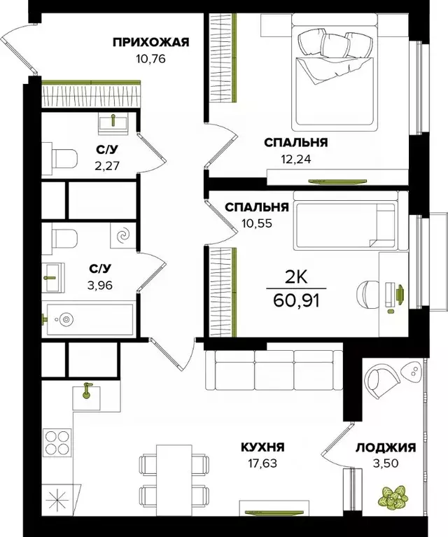 2-к кв. Тульская область, Тула  (60.91 м) - Фото 0